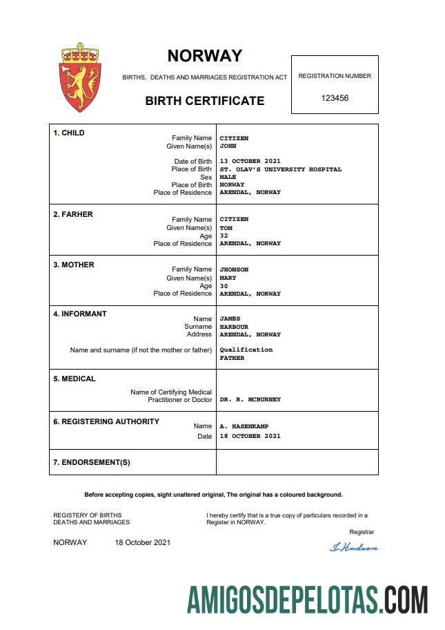 Imprimível modelo Word e PDF de certidão de nascimento da Noruega
